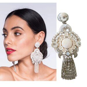 RANJANA KHAN Monique white beaded strand earrings Clip on Bridal